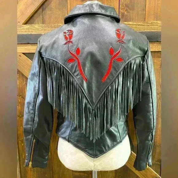 Protech Jackets & Blazers - PROTECH Vintage Motorcycle Jacket Black Leather Fringed with Red Roses Size 12